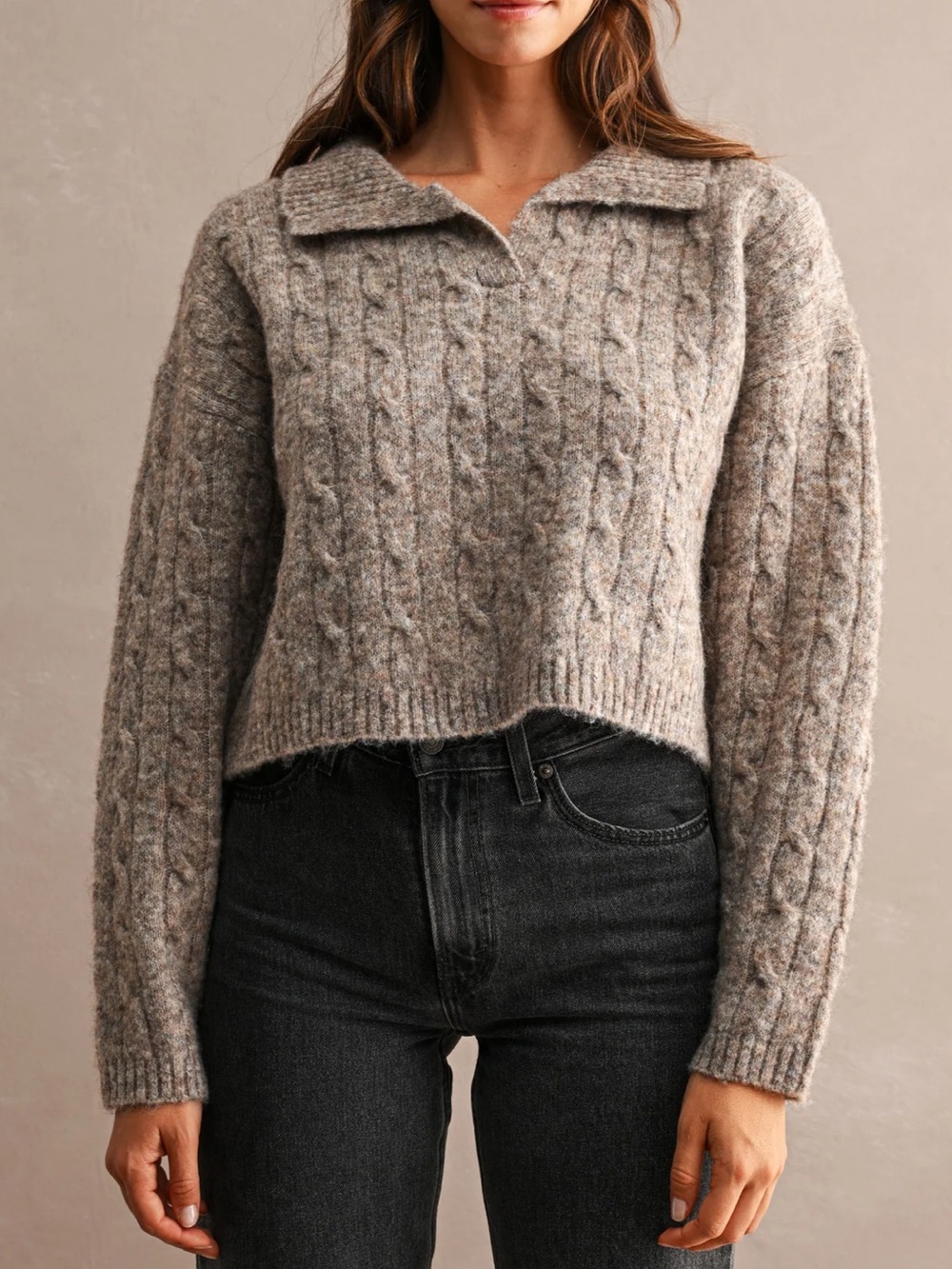 Collared Cable-Knit Cropped Sweater in Taupe